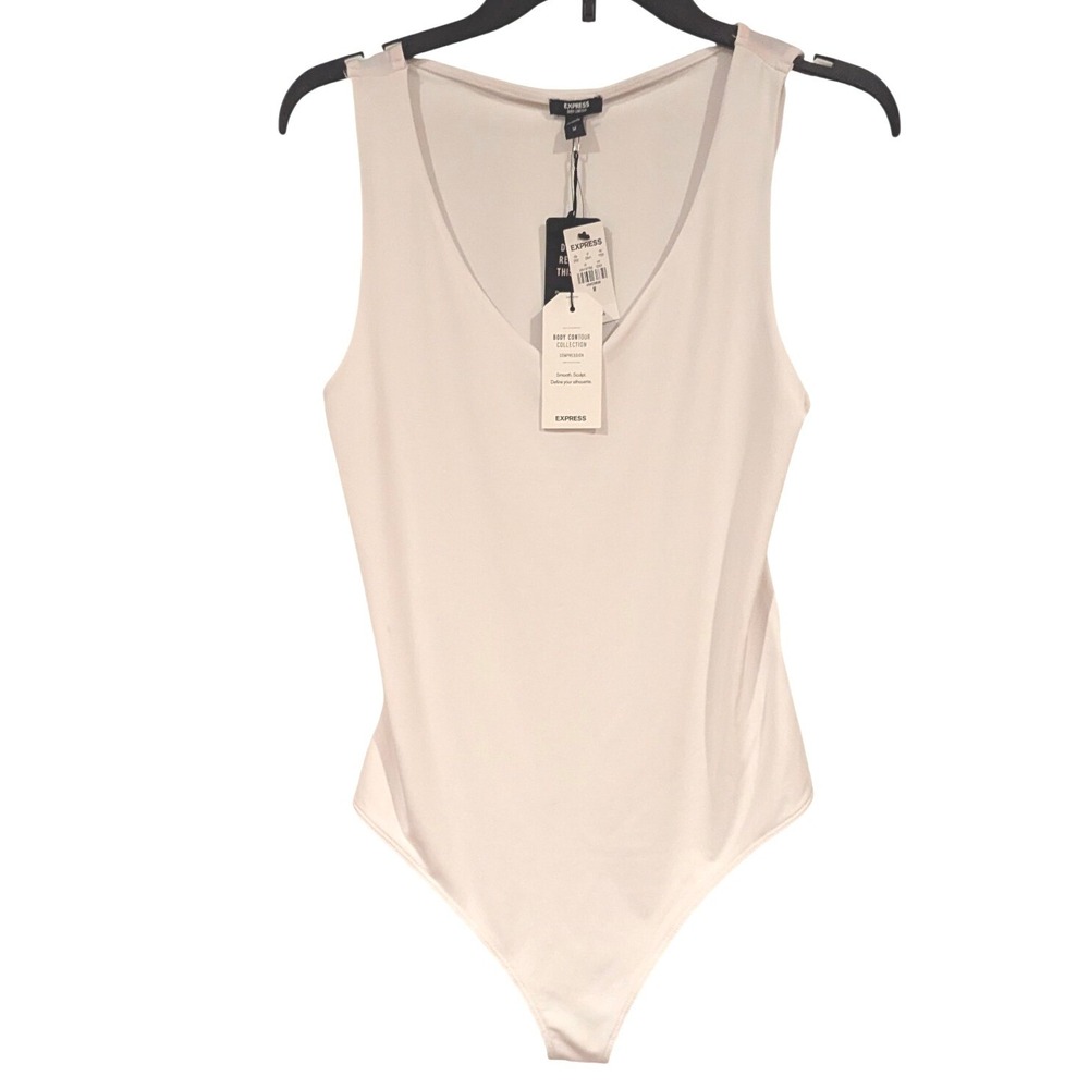 Express Bodysuit Womens Medium White‎ New Body Contour V-Neck Compression Thong